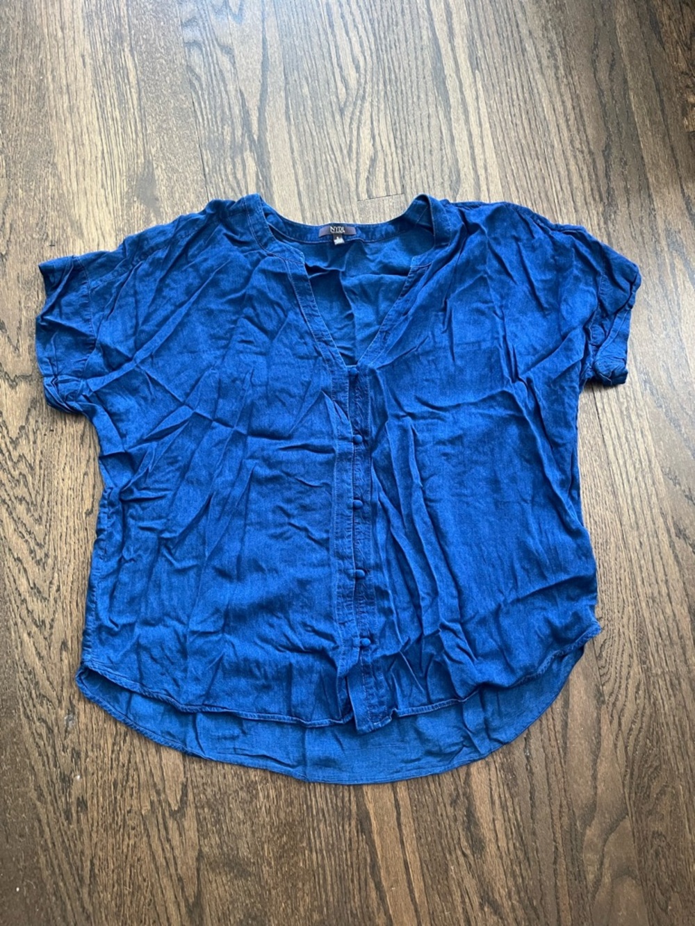 NYDJ Button-Front Short Sleeve Top in Royal Blue
